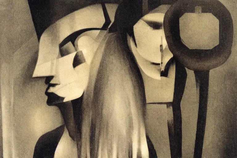 Image similar to detailed portait of a dungeon necromancer with long hair and face paint, by laszlo moholy - nagy