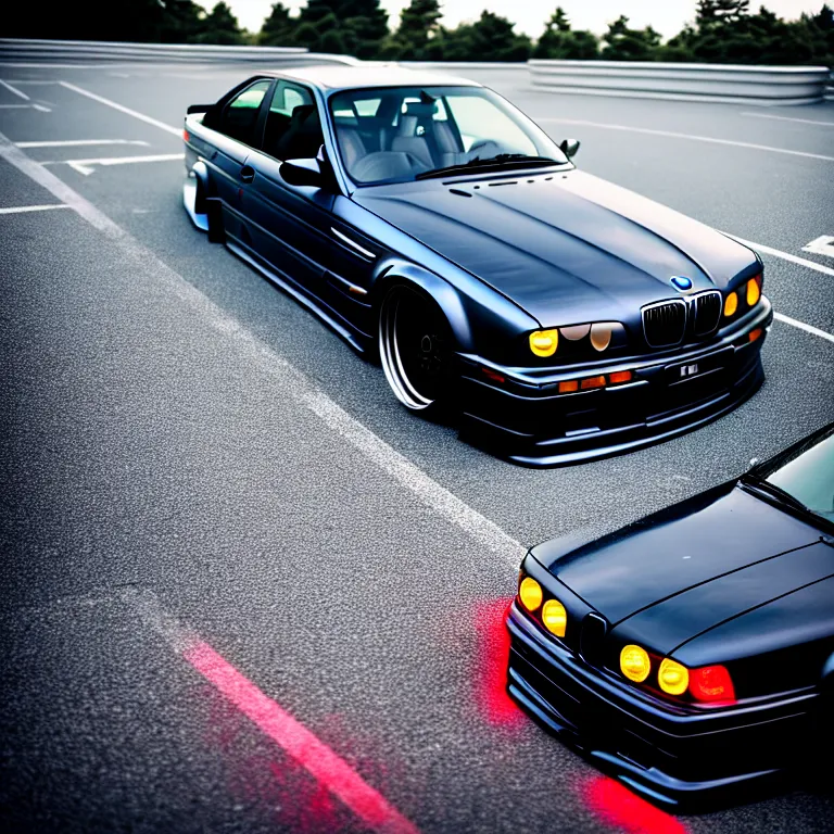 Image similar to close-up-photo BMW E36 turbo illegal meet, work-wheels, Gunma prefecture, rooftop carpark, cinematic color, photorealistic, high detailed deep dish wheels, highly detailed, custom headlights, neon underlighting