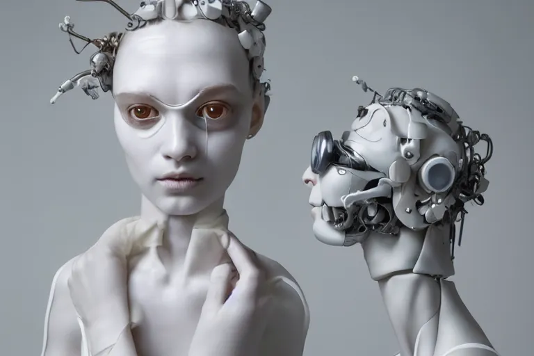 Prompt: full head and shoulders, beautiful female porcelain sculpture with lots of 3 d cyborg elements, prosthetics, 3 d goggles, smooth, all white features on a white background, delicate facial features, white eyes, white lashes, detailed white, anatomical, by daniel arsham and james jean