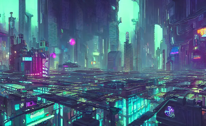 Image similar to Wide angle shot of a cyberpunk city with holographic fishes floating in the sky by Petros Afshar and Beeple, James Gilleard, Mark Ryden, Wolfgang Lettl highly detailed, Dark cineamtic and atmospheric lighting