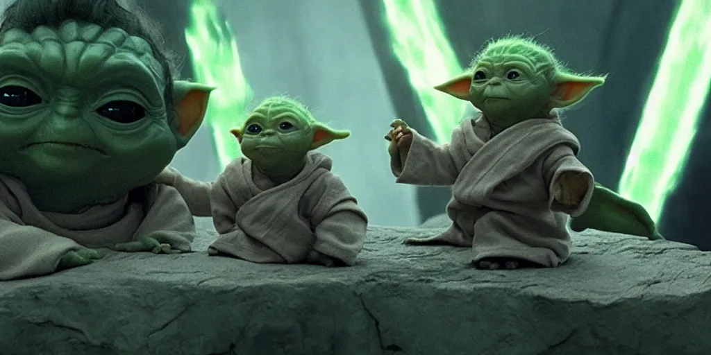 Image similar to Luke Skywalker teaches baby yoda at Jedi Temple scene from Force Awakens, 2022, serene, iconic scene, stunning cinematography, anamorphic lenses, kodak film