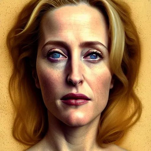 Image similar to Portrait, mugshot of Gillian Anderson, beautiful, pale skin, faint smile, elegant clothing, photorealistic, highly detailed, artstation, smooth, sharp focus, art by Klimt, artgerm, Greg Rutkowski and Alphonse Mucha natural light, Adobe Lightroom, photolab, Affinity Photo, PhotoDirector 365