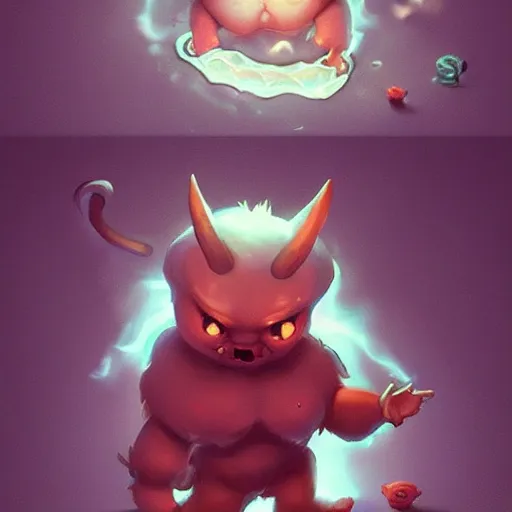 Prompt: a super cute demon playing with his magical power in his home ,chubby,concept art trending on artstation, deviantart, very detailed , glowing effect, magic