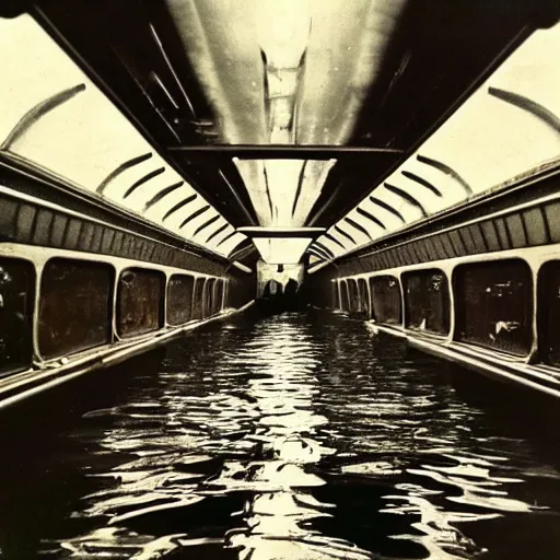 Prompt: almost completely flooded metro wagon. photo from inside the wagon, in the center of the frame stands one calm man up to his chest in water and looks at the camera. warm lighting, old color photo, ussr, extremely detailed, 8 k, vintage color