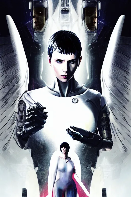 Image similar to white arc-angel with mystic robotic wings, blade runner, akira, ghost in the shell, 2077, ultra detailed, digital art, 8k ,character ,realistic, portrait, hyperrealistic