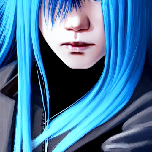 Image similar to full face shot of rimuru tempest, sky blue straight hair, long bangs, with amber eyes, wearing a black jacket, high collar, ultra detailed, concept art, award winning photography, digital painting, cinematic, wlop artstation, closeup, pixiv, evil, yoshitaka amano, andy warhol, ilya kuvshinov,