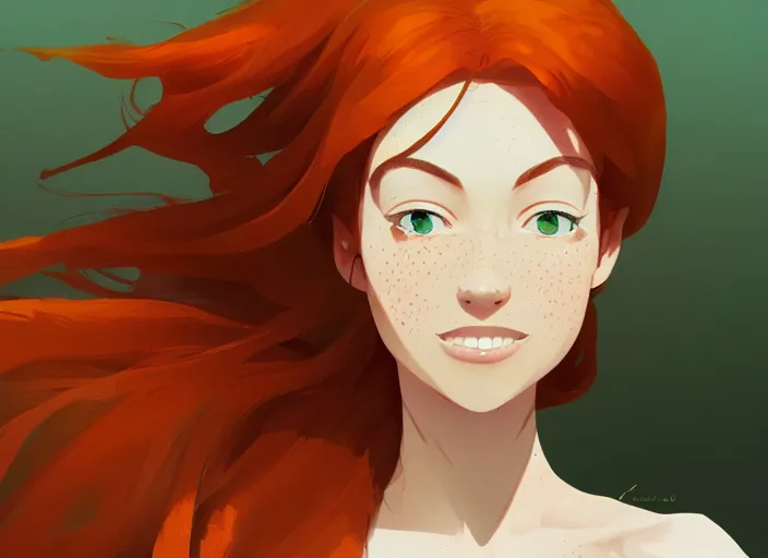 Prompt: portrait of a beautiful smiling girl with orange hair and freckles, green eyes, detailed facial features, beautiful face, digital painting, artstation, highly detailed, by makoto shinkai and thomas kindle and James gilleard
