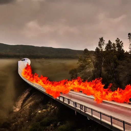 Image similar to Long bridge to hell, dslr, hyper realistic, photojournalism, scary, firey, disturbing