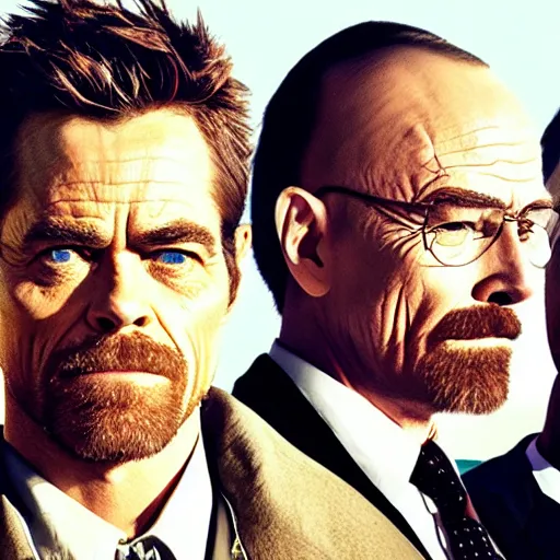 Image similar to Breaking Bad Reboot Starring Willem Dafoe, Chris Pine, and Bob Odenkirk, movie poster, low quality bootleg.