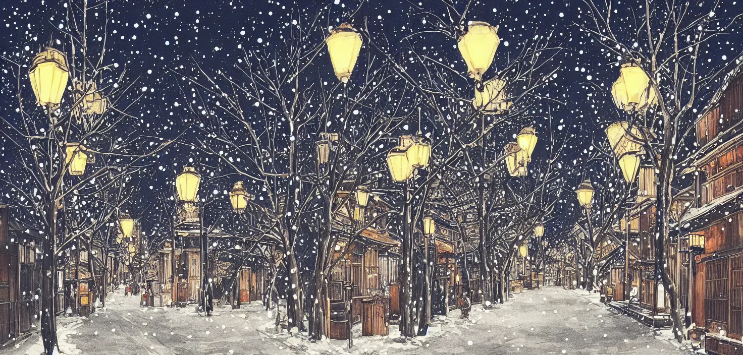 Image similar to beautiful illustration of kyoto streets at night, winter, illuminated by globe street lamps