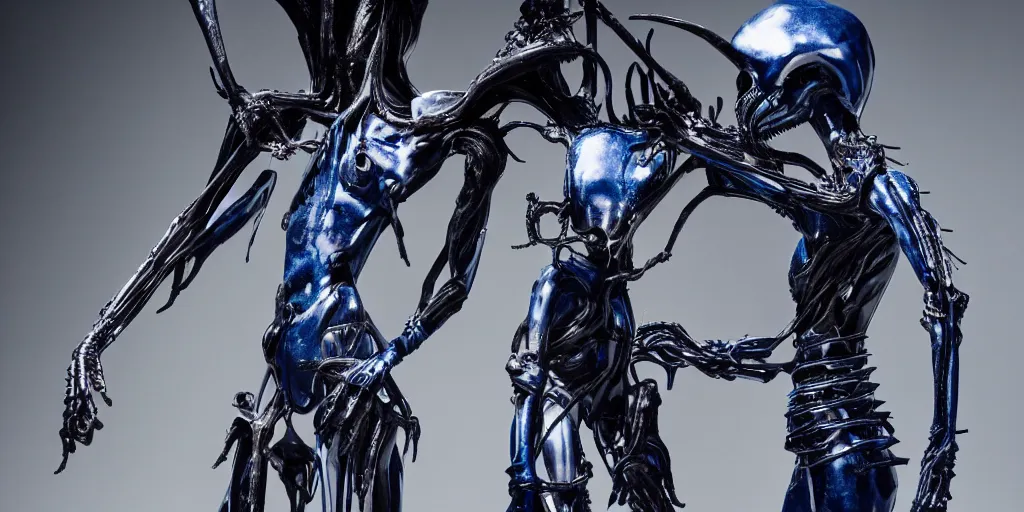 Image similar to blue human with rick owens iron spikes xenomorph intricated jewelry figure plastic jumping in a runway fashion show, realistic photography paparazzi by Nick Knight and Luis Royo