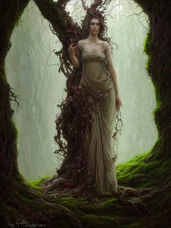 Image similar to Full View Portrait Mystical ethereal deity of oak trees wearing beautiful dress in a magic forest, Oak Dryad made of vines tree bark moss beautiful dress, 4k digital masterpiece by Greg Rutkowski and Ruan Jia and Tom bagshaw, Alberto Seveso, fantasycore, Hyperdetailed, realistic oil on linen, soft lighting, featured on Artstation, textured, stylized, intricate details