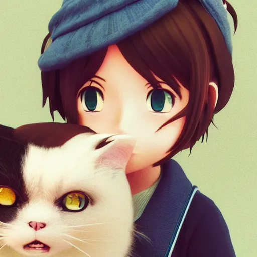 Prompt: Manga cover portrait of an extremely cute and adorable beautiful girl holding an extremely grumpy cat, 3d render diorama by Hayao Miyazaki, official Studio Ghibli still, color graflex macro photograph, Pixiv, DAZ Studio 3D