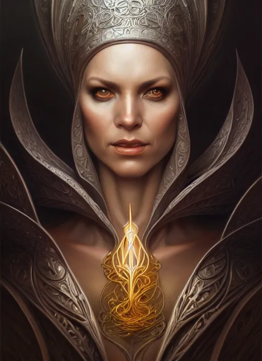 Prompt: portrait shot of a female wizard, intricate, elegant, highly detailed, centered, digital painting, artstation, concept art, smooth, sharp focus, illustration, artgerm, tomasz alen kopera, peter mohrbacher, donato giancola, joseph christian leyendecker, wlop, boris vallejo