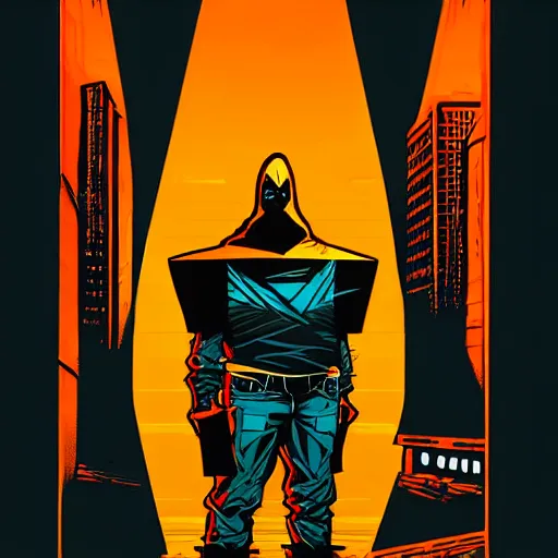 Prompt: a full body character design guy denning, tim doyle, laurie greasley fiery flaming grungy broad rectangular shoulders industrial wideset enormous trapezoid faceless cloaked caped figure heroic!! bold outline sharp edges. elegant, neon colors, dynamic angle, intricate complexity, epic composition, symmetry, cinematic lighting masterpiece