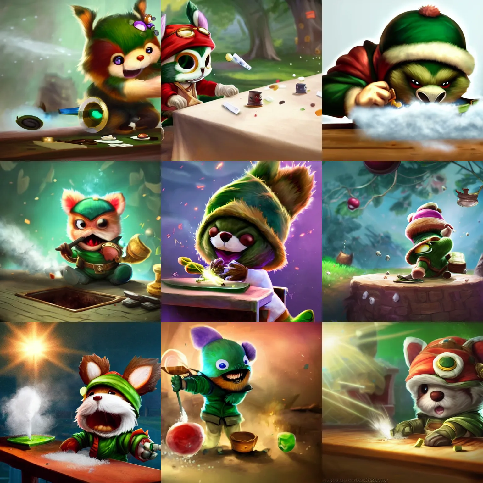 Prompt: Teemo from League of Legends sniffing a line of white dust off a table