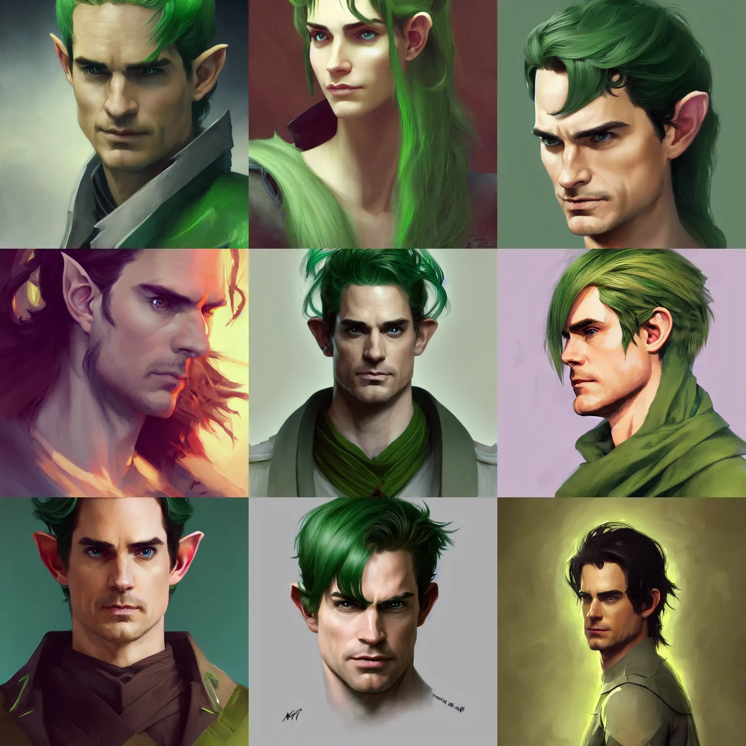 Prompt: character concept portrait, head - on centralized, matt bomer as a green - haired elf d & d cleric, style digital painting, concept art, smooth, sharp focus, illustration, from metal gear, by ruan jia and mandy jurgens and william - adolphe bouguereau, artgerm