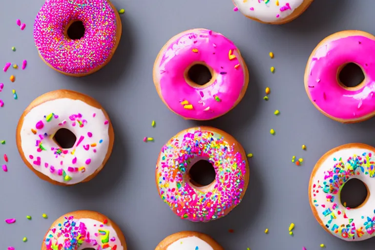 Prompt: stock photo two donuts with pink icing and colorful sprinkles on a white background, close up, studio lighting, detailed, photography, 82 mm sigma art