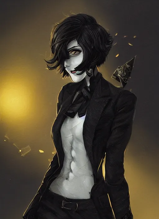 Image similar to a highly detailed illustration of beautiful short black messy haired woman wearing eyepatch and noir style suit and tie, yellow eyes, dramatic smiling pose, intricate, elegant, highly detailed, centered, digital painting, artstation, concept art, smooth, sharp focus, league of legends concept art, WLOP