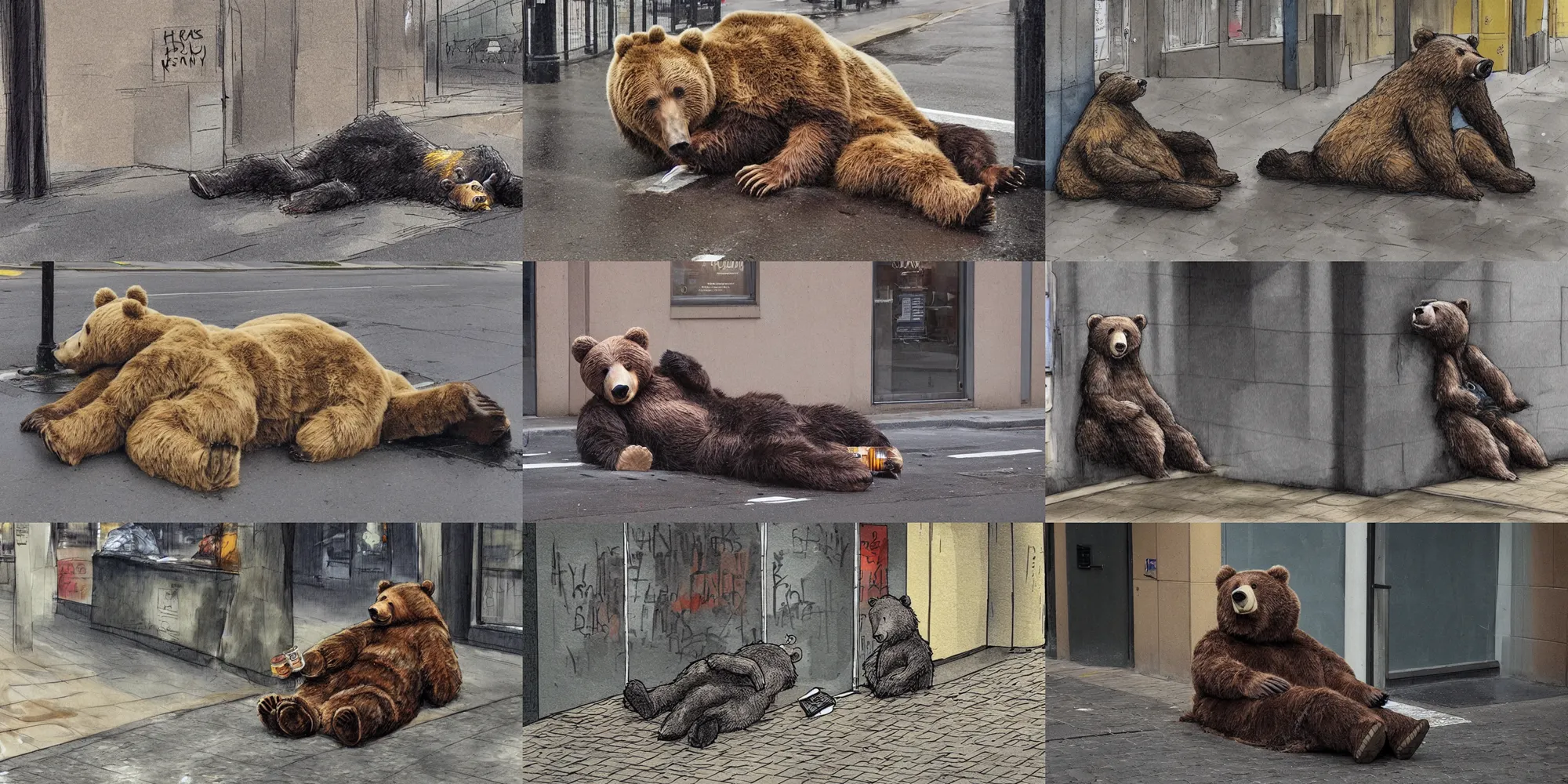 Prompt: hyper - realistic anthropomorphic bear homeless laying in a dark rainy street corner, honey dispensary