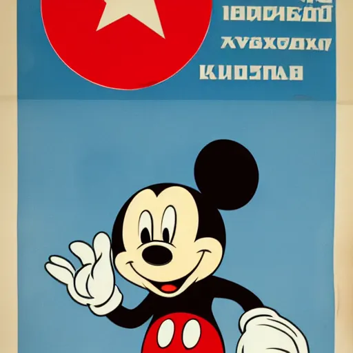 Prompt: a political poster of mickey mouse, russian communist propaganda from 1 9 4 0, high detailed