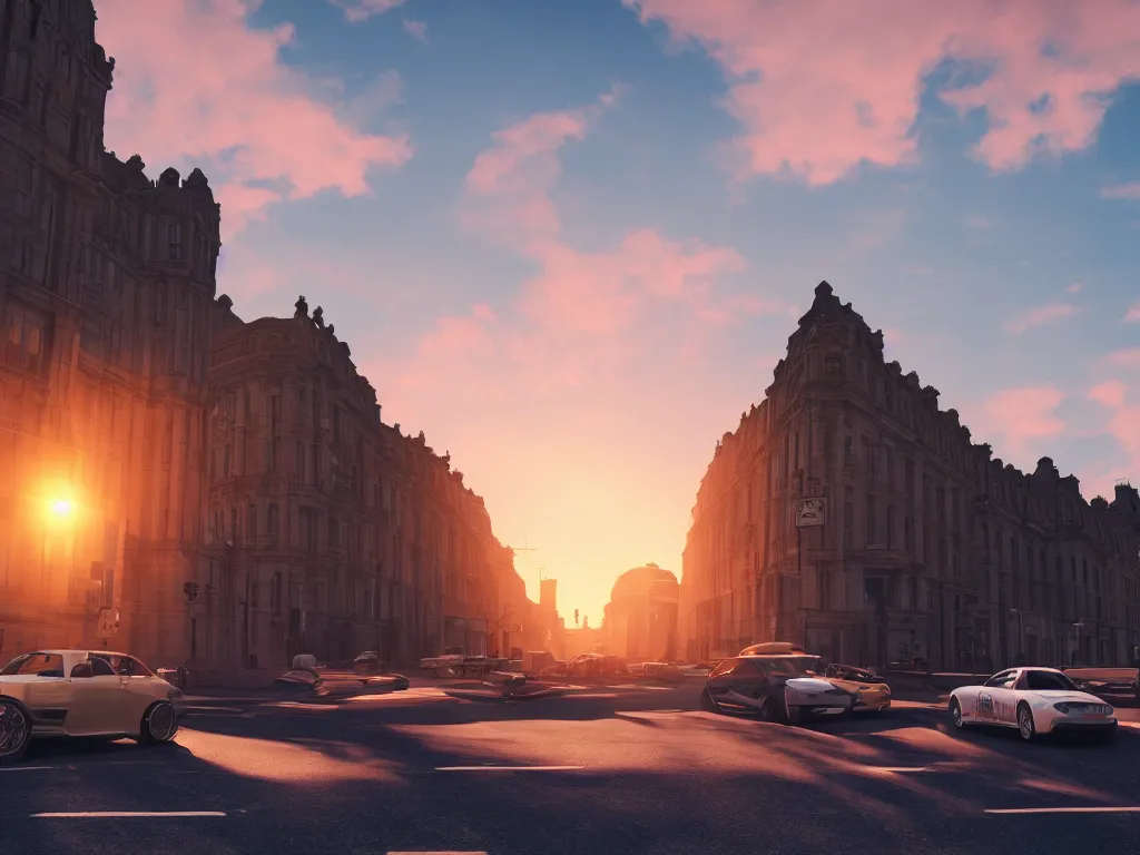 Prompt: 3 cars on london street, dramatic higher up cinematic angle, bright sunset lighting, unreal engine