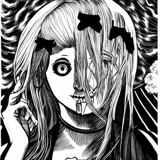 Prompt: Luna Lovegood in the style of Junji Ito. Manga. Black and white. Gothic. Horror. Exquisitely detailed. 4K.