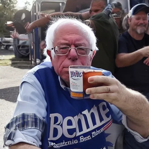 Image similar to Bernie sanders with a mullet drinking a pbr in a trailer park