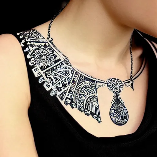 Image similar to black and white illustration collar tattoo design on paper necklace ornate with gems