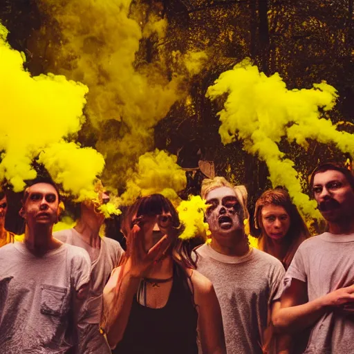 Prompt: a group of people breathing in yellow smoke, floating, possessed, euphoric, surreal, dreamy