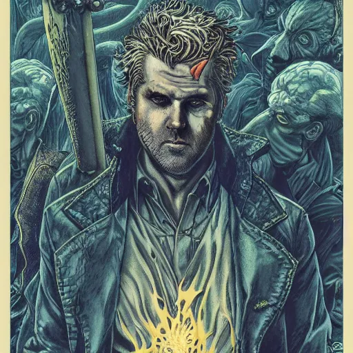 Prompt: portrait of john constantine in hell, symmetrical, by yoichi hatakenaka, masamune shirow, josan gonzales and dan mumford, ayami kojima, takato yamamoto, barclay shaw, karol bak, yukito kishiro