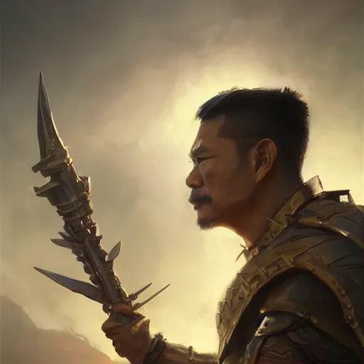 Prompt: side profile of a filipino man sitting on a tank wielding a scepter, highly detailed, d & d, fantasy digital painting, trending on artstation, concept art, sharp focus, illustration, volumetric light, intricate, matte, art by artgerm and greg rutkowski