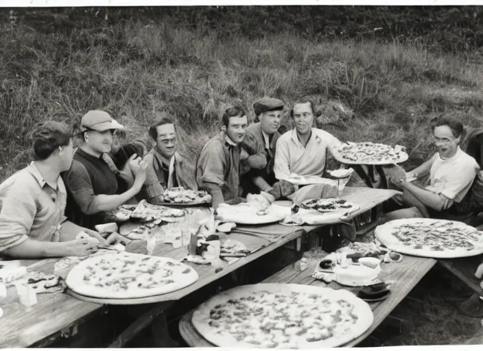 Image similar to vintage photo of a pizza party on omaha beach in normandy