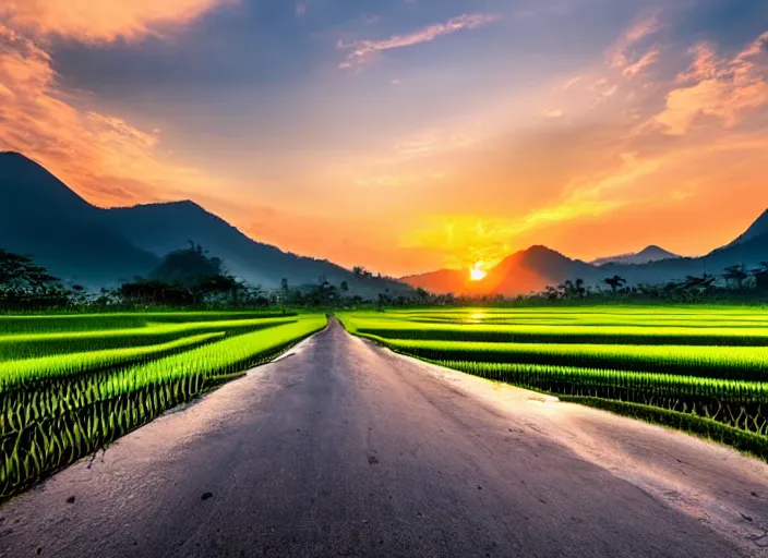 Prompt: a road between rice paddy fields, two big mountains in the background, big yellow sun rising between 2 mountains, flocks of birds in the sky, indonesia national geographic, award winning dramatic photography