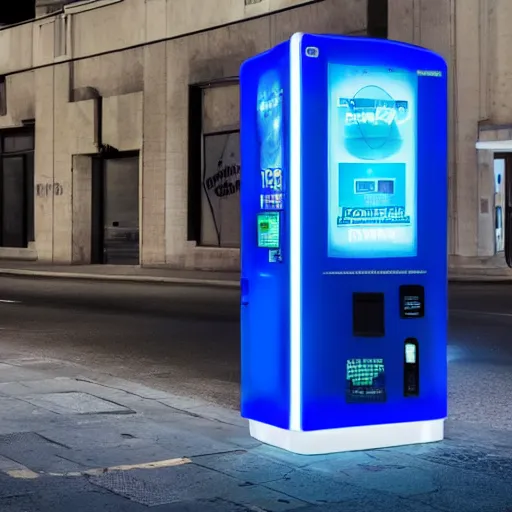 Prompt: a scene of a futuristic vending machine on a street corner in the style of the ( minority report ) film taken from a distance, minimalist, blue and white, cinematic lighting