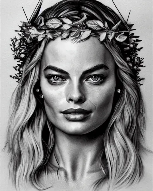 Image similar to realism tattoo sketch of margot robbie as a beautiful greek goddess aphrodite with piercing eyes wearing a laurel wreath and triangle earrings, in the style of greg rutkowski, amazing detail