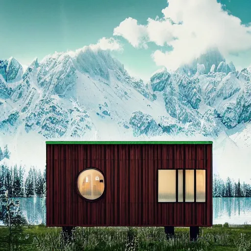 Prompt: wes anderson style modern futuristic cosy house near the lake, snowy mountains and green forest, cinematic, realism, photo, detailed