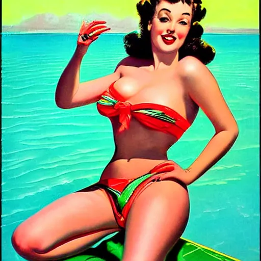 Image similar to portrait of pin up girl in a neon green bikini, art by gil elvgren, earl moran, joyce ballantyne, art frahm