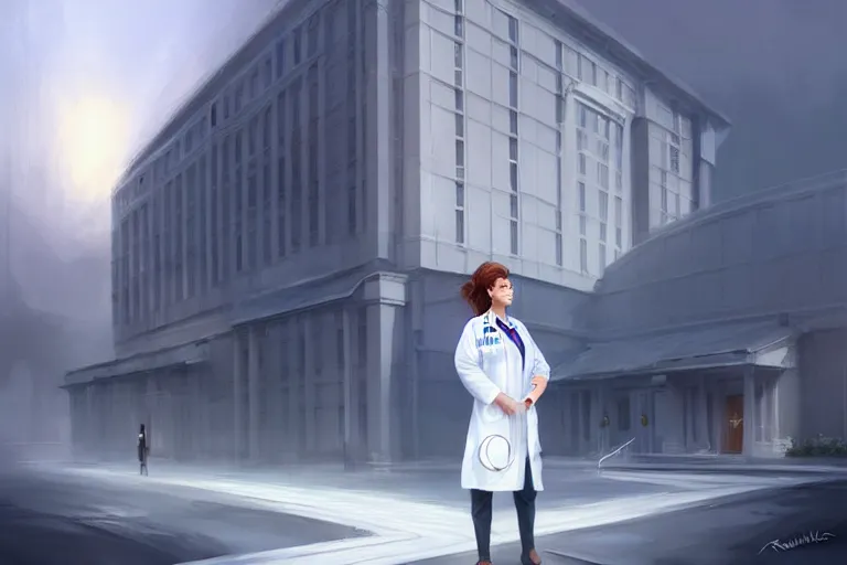 Prompt: an elegant and beautiful female doctor in a white coat in front of a hospital building, cinematic, highly detailed, digital painting, artstation, concept art, matte, sharp focus, illustration, art by artgerm and greg rutkowski