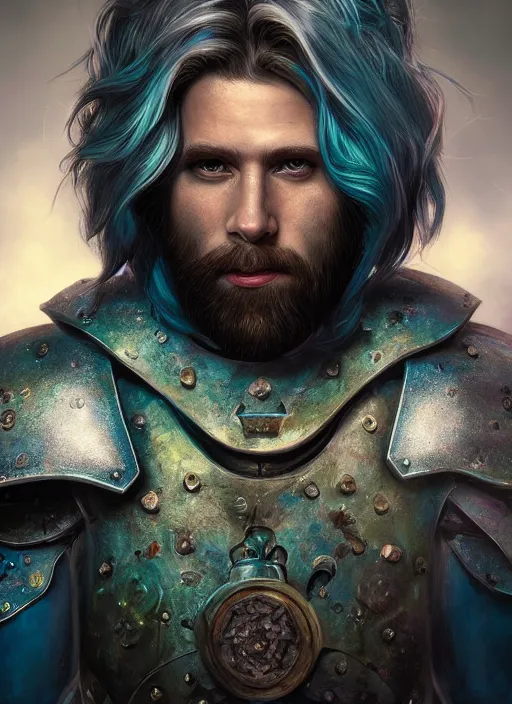 Prompt: an epic fantastic realism comic book style portrait painting of an aasimar paladin, male, shaggy silver hair, short brown beard, steve argyle, d & d concept art, unreal 5, daz, teal aesthetic, octane render, cosplay, rpg portrait, dynamic lighting