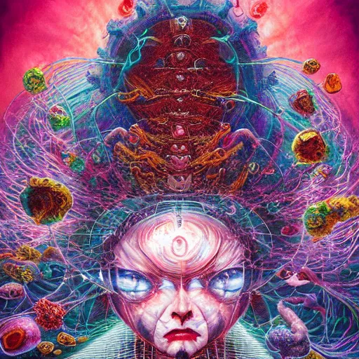 Prompt: hypercomplex image of alternative ultra pscychedelic universe of floating shimmering diamond heads, a scientist's nightmare fed into a mega god of chaos, dramatic, action horror by alex grey, lisa frank, ayami, kojima, amano, karol bak, greg hildebrandt, mark brooks, beksinski, takato yamamoto, masterpiece, 8 k, hires