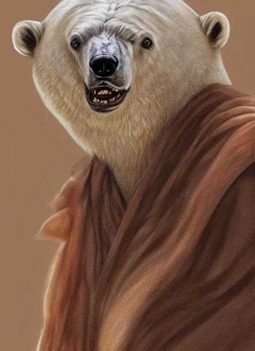 Prompt: a polar bear with stubble, wearing brown jedi robes, smiling, close up, portrait style, star wars atmosphere, photographic print, artgerm, hyper - realistic