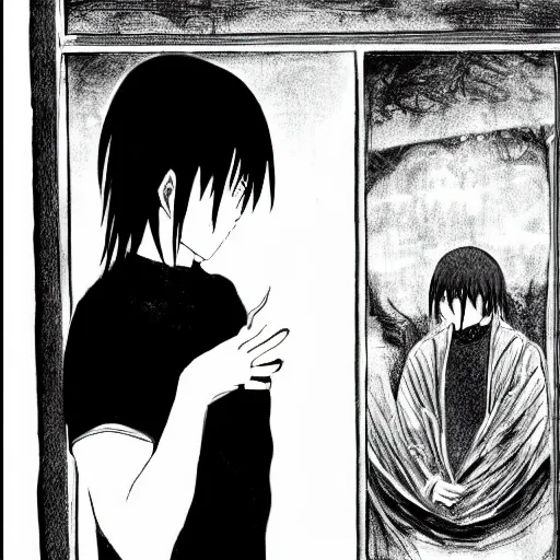 Prompt: a sad black metal singer looking at his reflection in the mirror, in the style of shoujo manga, by riyoko ikeda