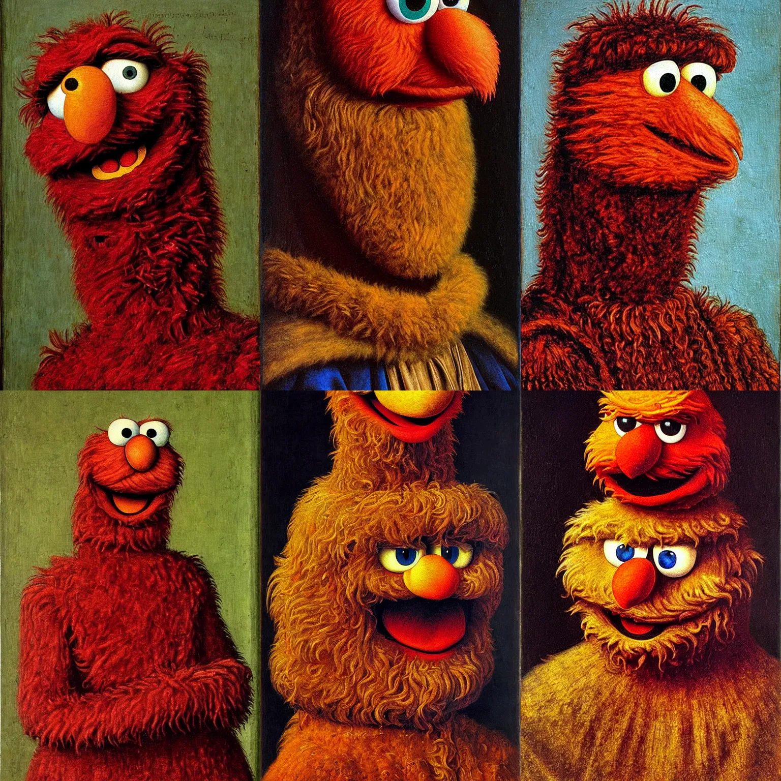 Prompt: portrait of elmo from sesame street, oil painting by jan van eyck, northern renaissance art, oil on canvas, wet - on - wet technique, realistic, expressive emotions, intricate textures, illusionistic detail