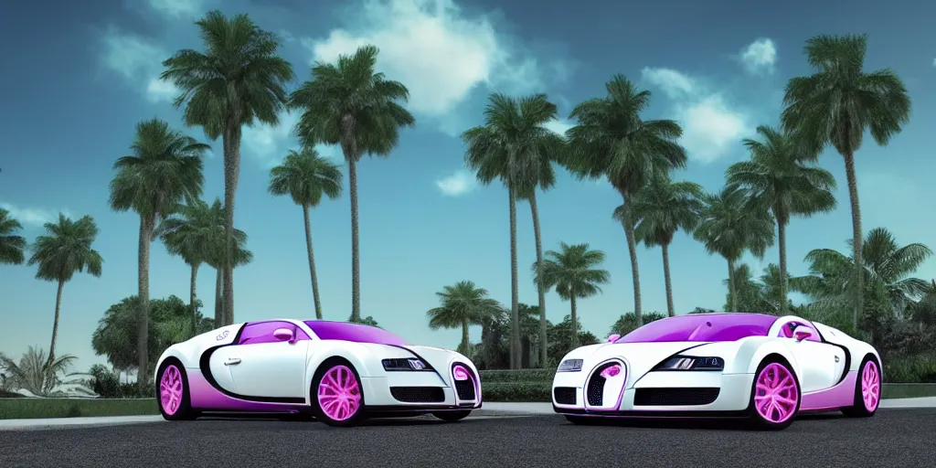 Image similar to bugatti veyron, 3 d primitive rendering, palm trees, 8 0 s vaporwave