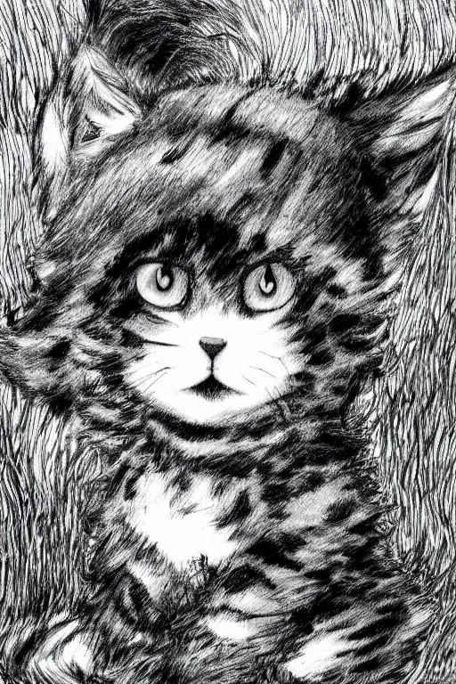 Image similar to Baby Kitten, highly detailed, black and white, manga, art by Kentaro Miura
