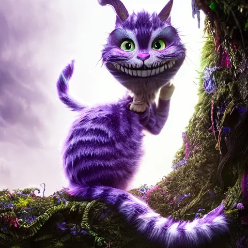 Prompt: full body pose, hyperrealistic photograph of the cheshire cat, dim volumetric lighting, 8 k, octane beautifully detailed render, extremely hyper detailed, intricate, epic composition, cinematic lighting, masterpiece, trending on artstation, very very detailed, stunning, hdr, smooth, sharp focus, high resolution, award, winning photo, dslr, 5 0 mm