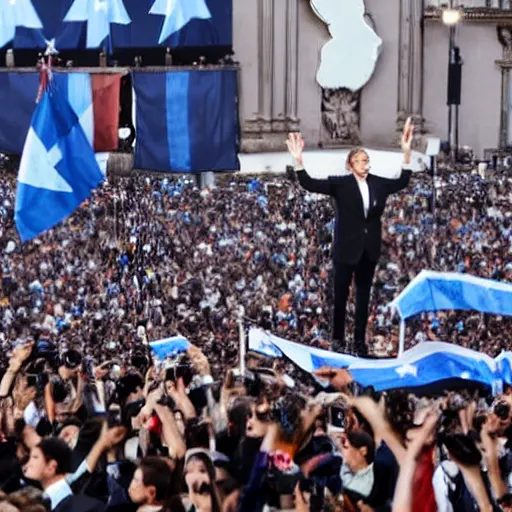 Image similar to Lady Gaga as president, Argentina presidential rally, Argentine flags behind, bokeh, giving a speech, detailed face, Argentina