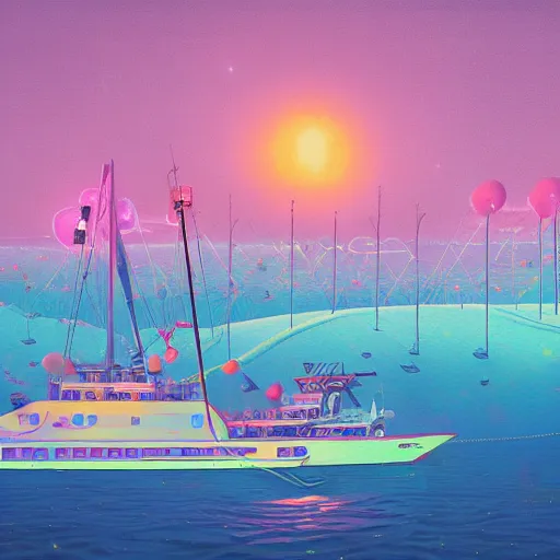 Image similar to psychedelic yacht party by simon stalenhag