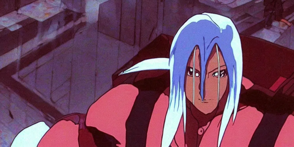 Prompt: “still frame of Sephiroth in 1988 anime film Akira by Katsuhiro Otomo, screenshot, color”